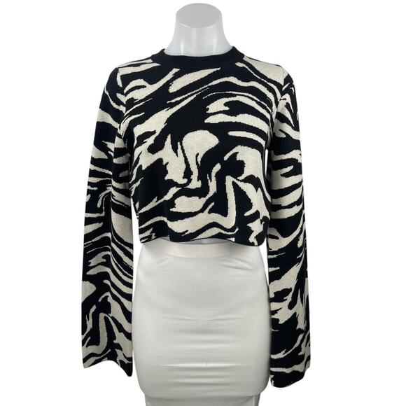Tops - H&M Black White Zebra Marble Long Sleeve Knit Crew Neck Cropped Sweater Top Sz S